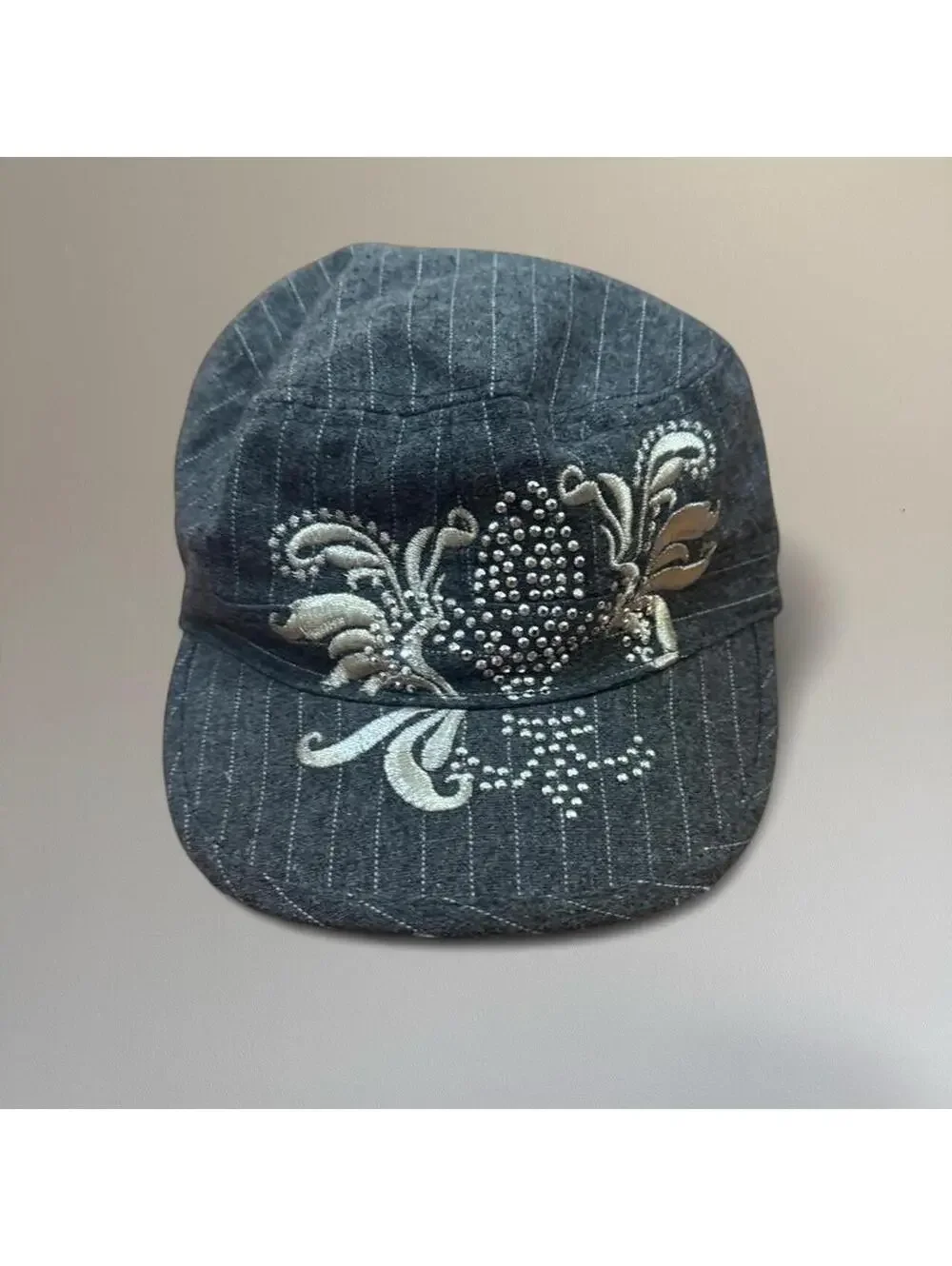 Embellished pinstripe army-style hat from Headers.